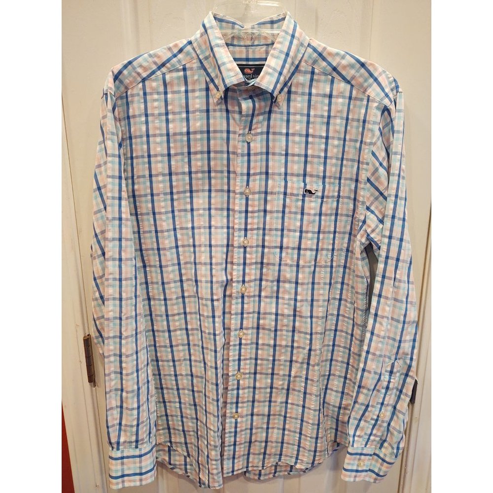 Vineyard Vines Tucker Shirt Mens S Plaid Checks Blue Pink Whale Button Down